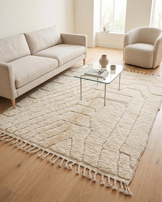 A plush cream Beni Ourain Moroccan rug with carved geometric lines styled in a modern living room with natural light by NURA.