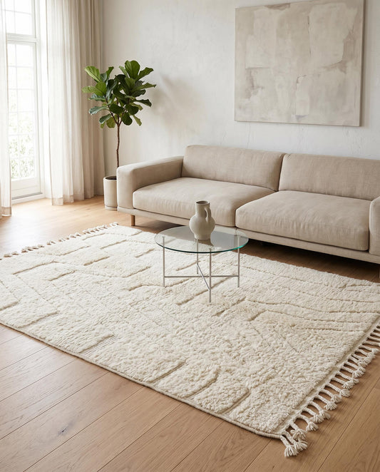 A plush cream Beni Ourain Moroccan rug with a carved geometric design styled in a bright, contemporary living room setting by NURA.