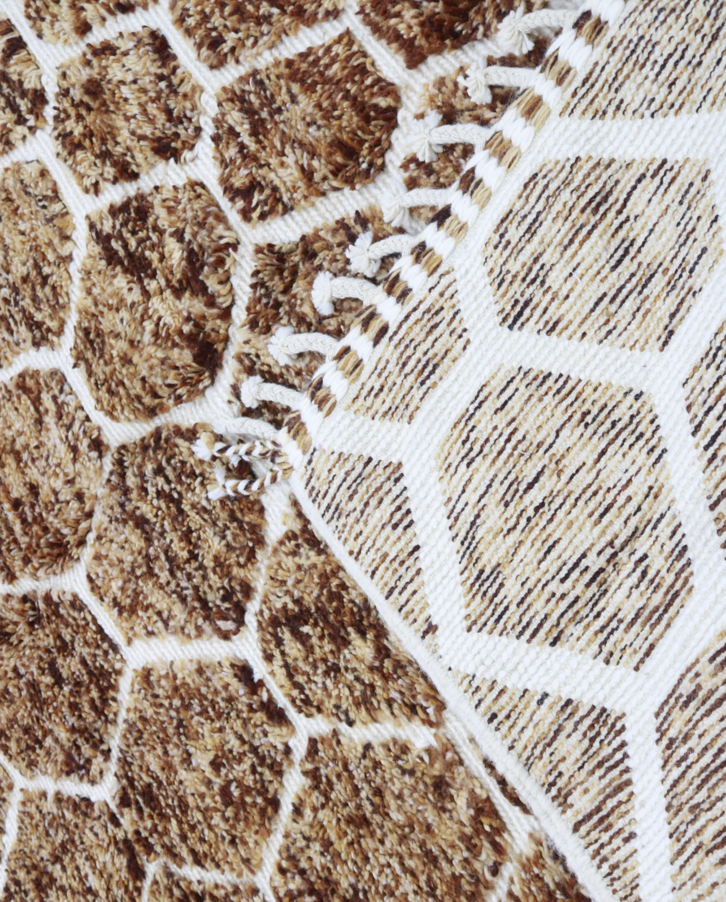 BIA Azilal brown geometric lattice Moroccan rug back view showing traditional handwoven construction, by NURA