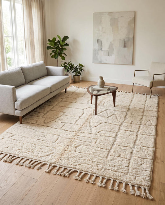 A textured cream Beni Ourain rug with carved geometric patterns styled in a bright, modern living room setting by NURA.