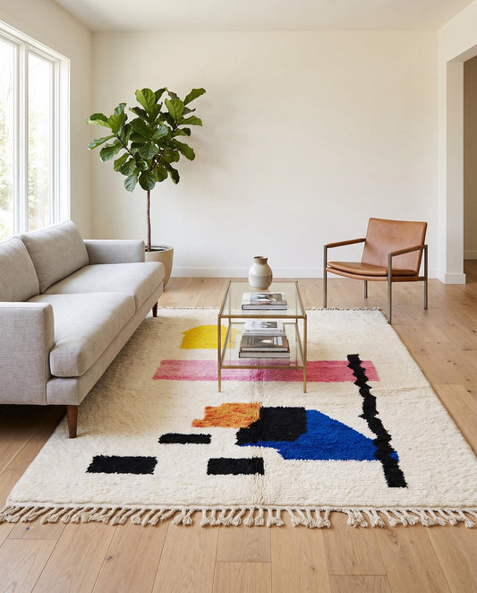 A colorful abstract Moroccan rug by NURA styled in a modern living room, adding bright pink and blue accents to the space.