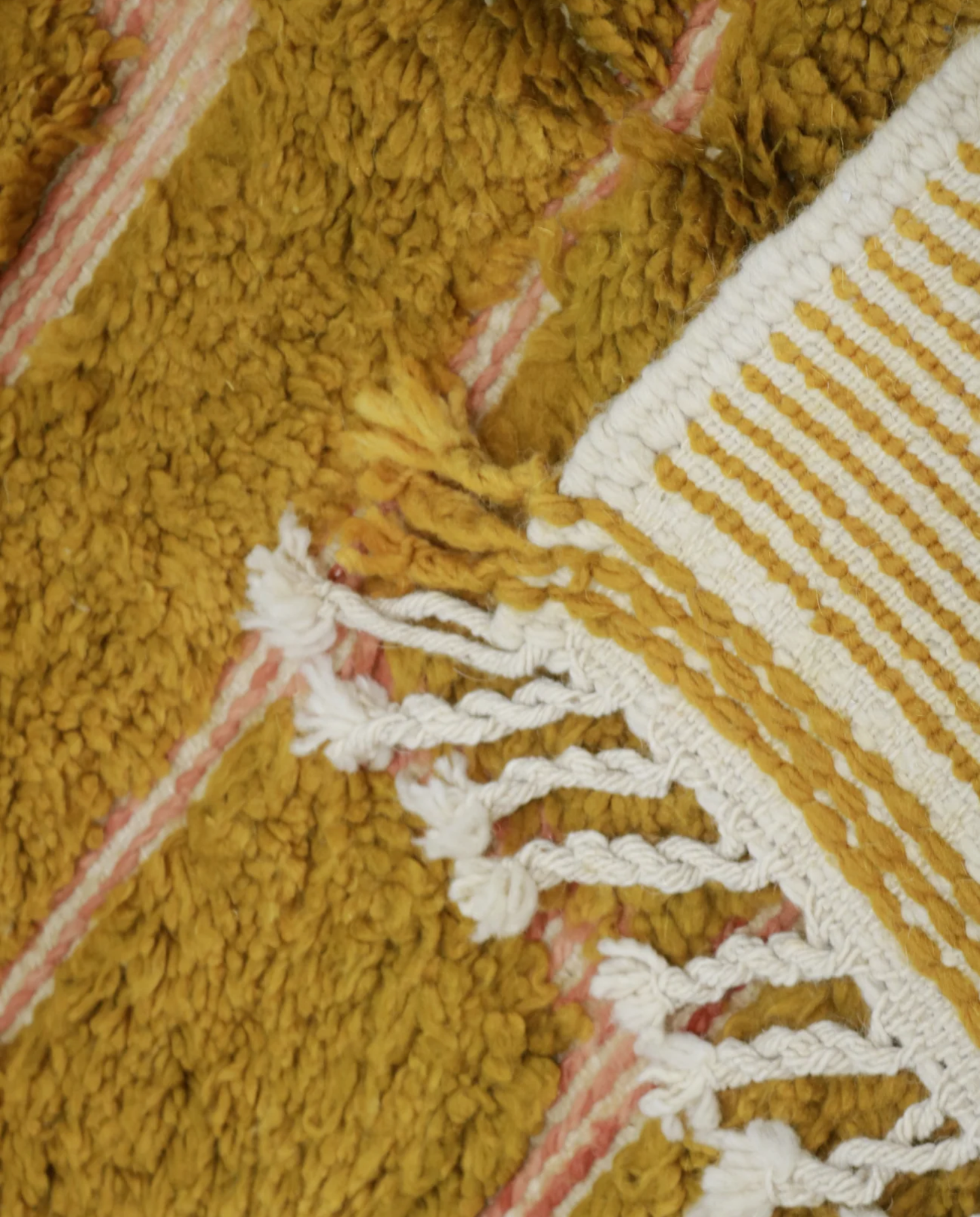 FAWZIA Azilal mustard organic abstract Moroccan rug back view showing traditional handwoven construction, by NURA