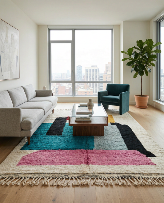 Bold abstract color block Moroccan rug standing in a bright, minimalist setting with a green plant, by NURA.