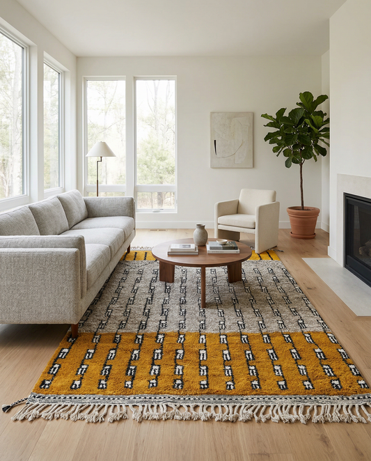 Bold mustard and oat geometric Moroccan rug displayed in a bright setting with a blue window and green plant, by NURA.