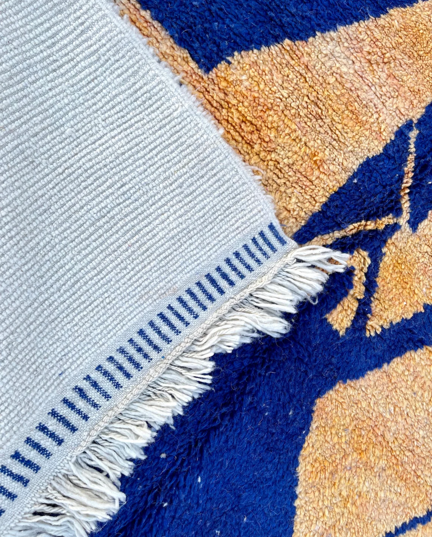 IHSANE Beni Ourain cobalt bold color block Moroccan rug back view showing traditional handwoven construction, by NURA