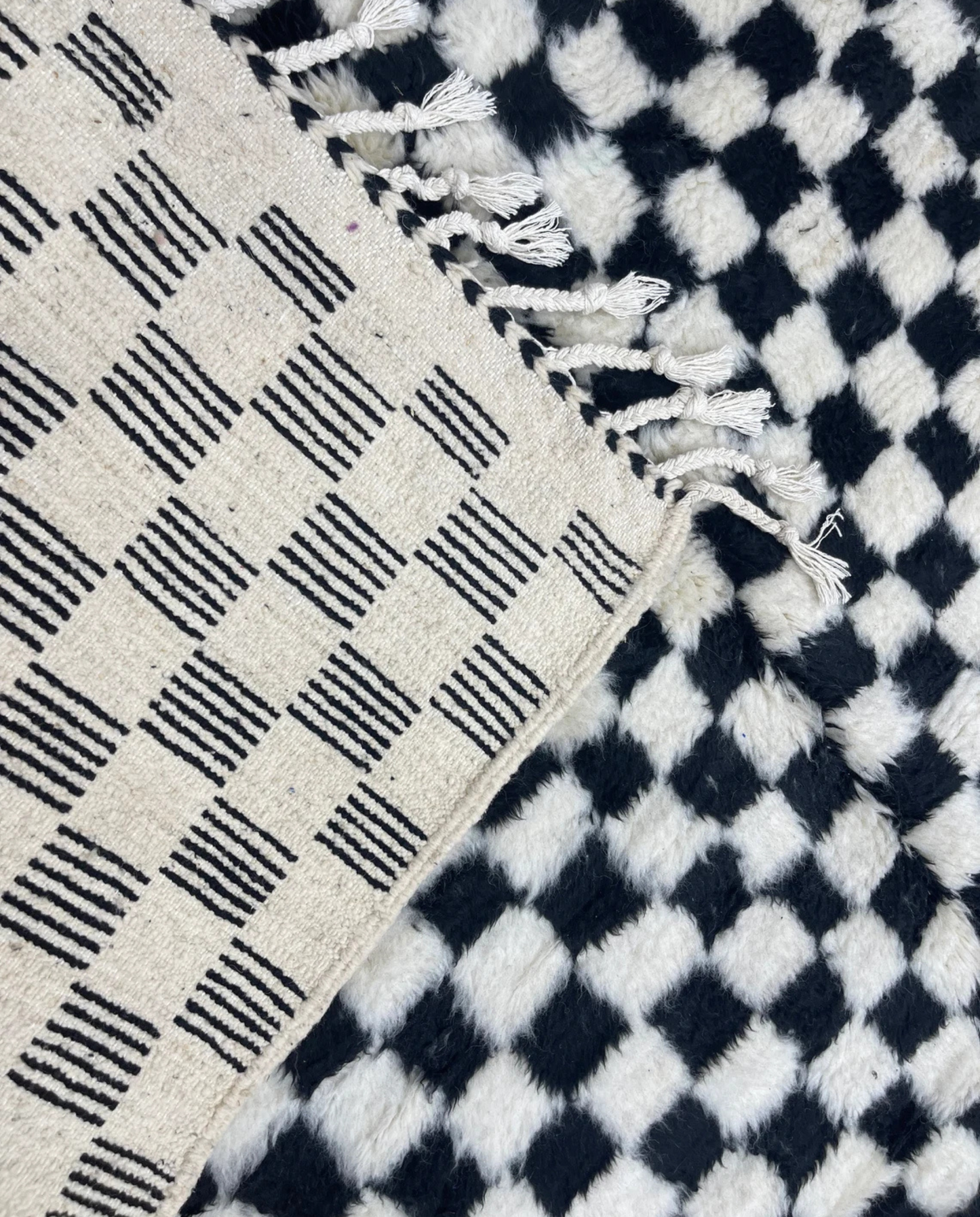 JAMILA Beni Ourain black checker grid Moroccan rug back view showing traditional handwoven construction, by NURA