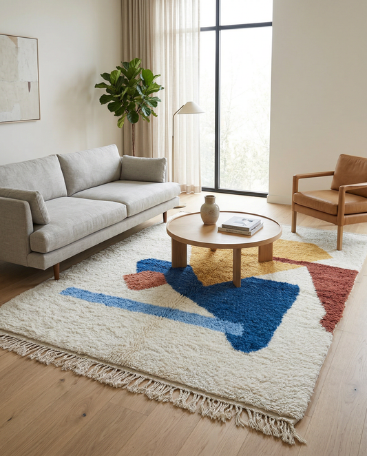 Bold abstract Azilal Moroccan rug with vivid color blocks in a bright, minimalist room setting with rattan chairs, by NURA.