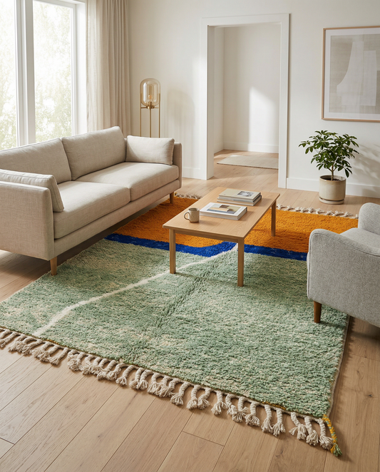 Bold abstract color block Moroccan rug in green, orange, and cobalt blue in a bright modern space with a potted plant, by NURA.