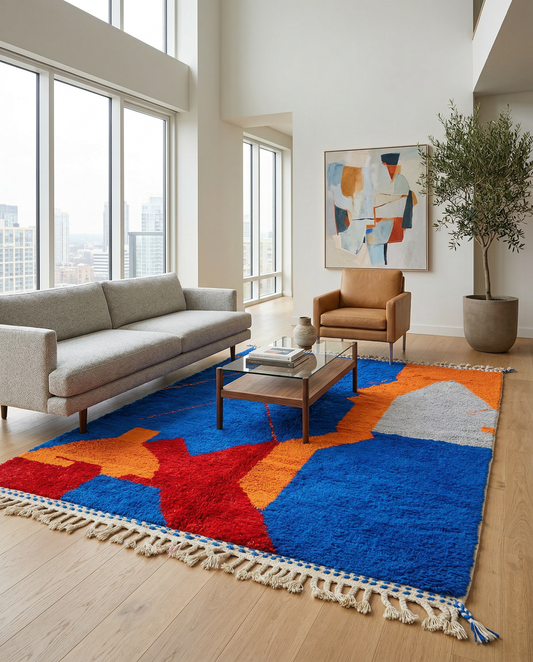 Cobalt blue abstract Moroccan rug with bold color blocks in a bright contemporary space, by NURA.