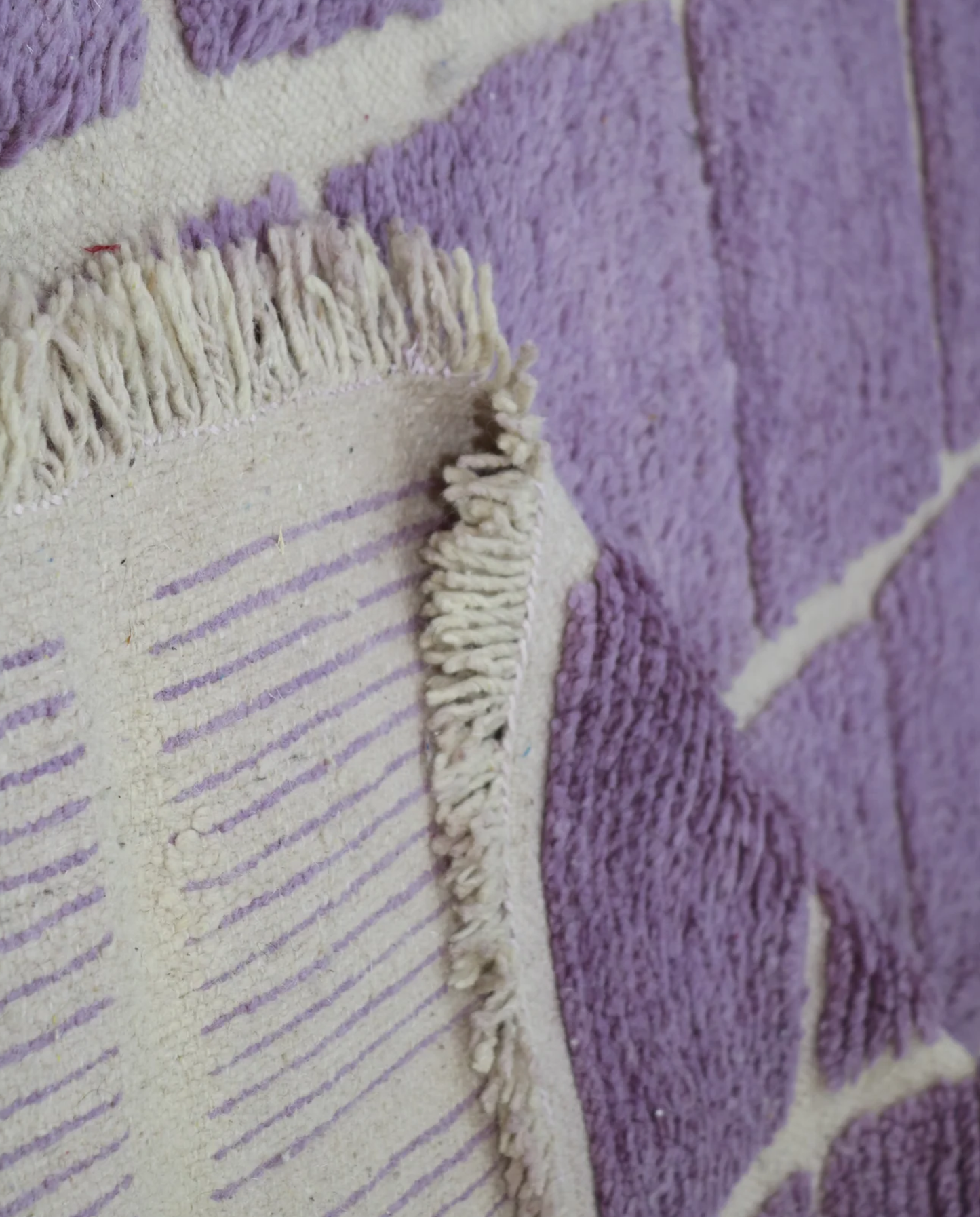 MASSA Mrirt lavender checker grid Moroccan rug back view showing traditional handwoven construction, by NURA