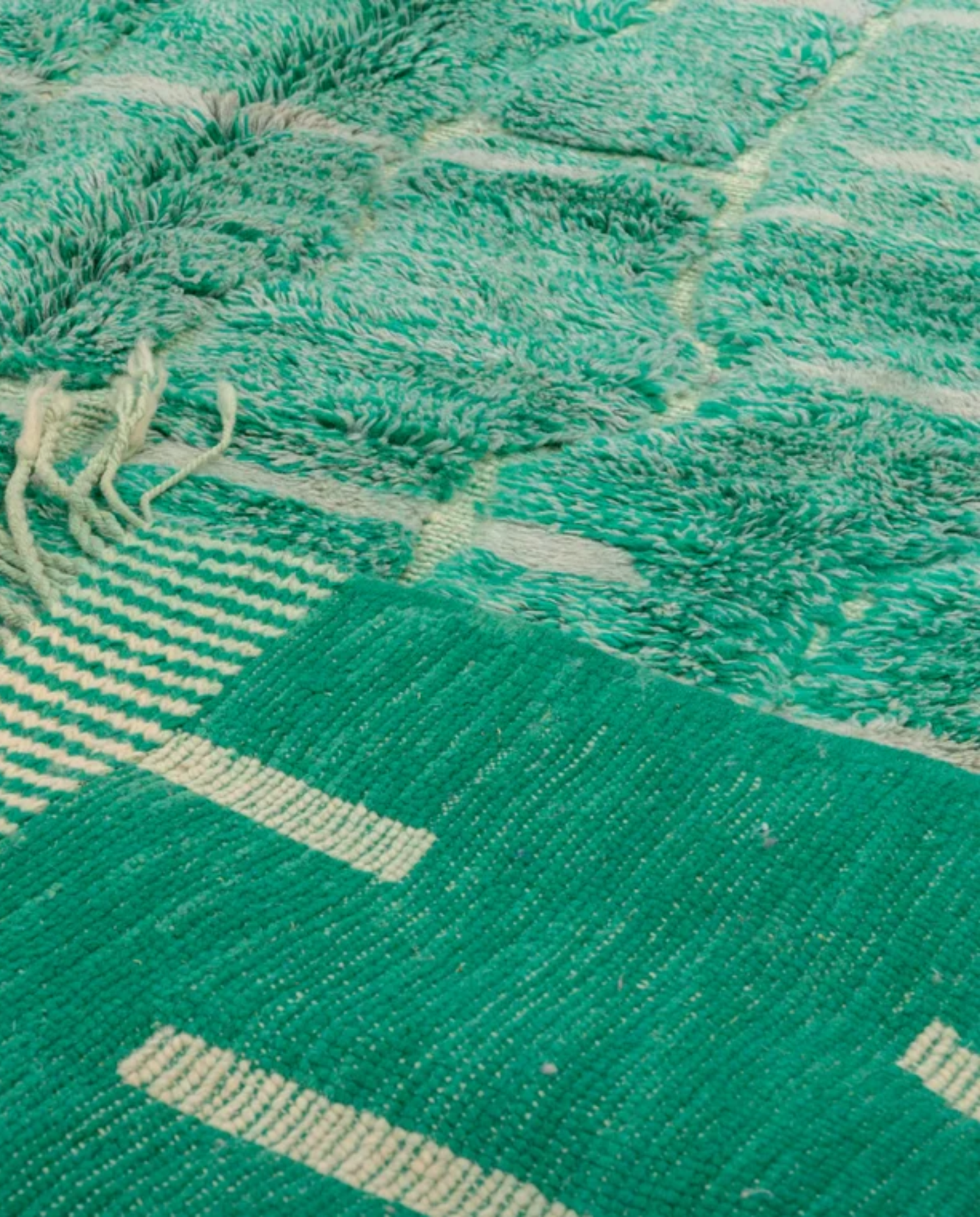 MAYSAA Beni Ourain emerald irregular grid Moroccan rug back view showing traditional handwoven construction, by NURA