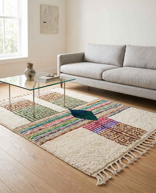 A vibrant Azilal Moroccan rug by NURA with colorful stripes and green blocks styled in a contemporary living room setting.