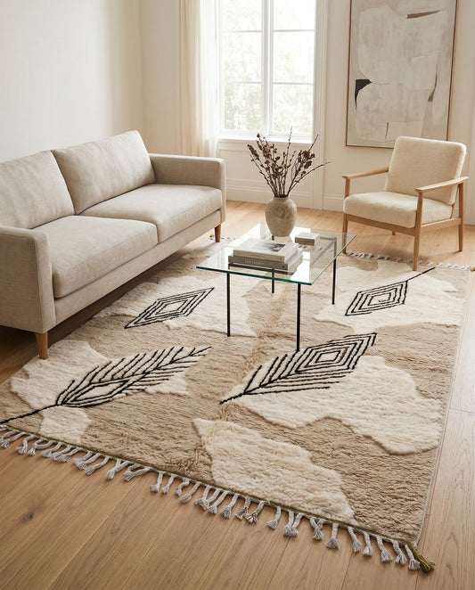 A plush beige and cream Beni Ourain Moroccan rug with dark geometric motifs styled in a bright, contemporary living room by NURA.