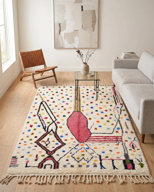 A playful Azilal Moroccan rug with a pink abstract motif and colorful dots styled in a bright, contemporary living room by NURA.