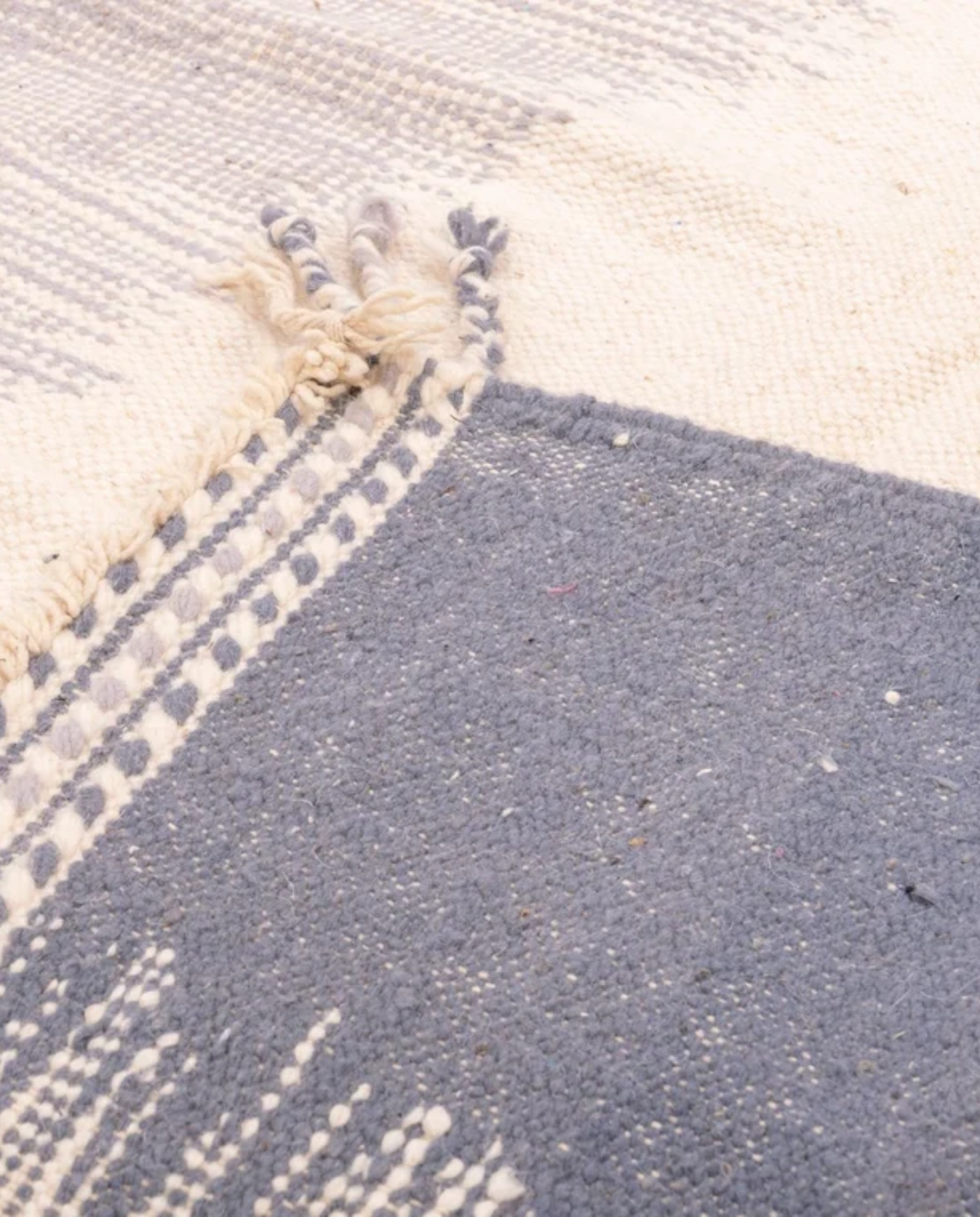 RAHMA Taznakht ivory vertical color block Moroccan rug back view showing traditional handwoven construction, by NURA