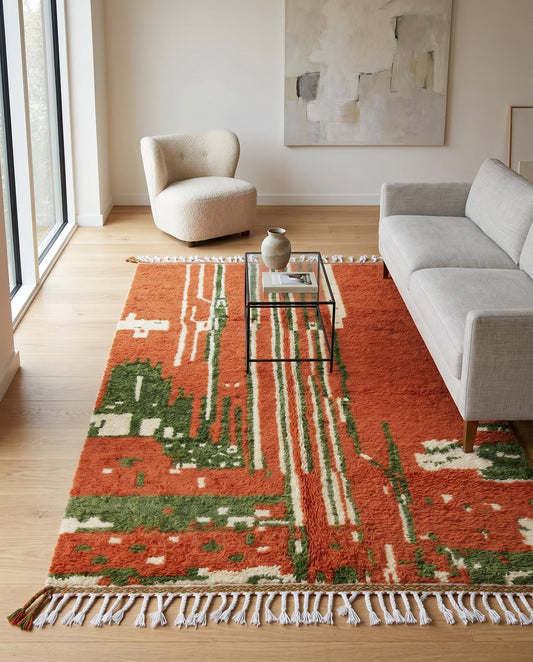 A vibrant rust and green abstract Boujad Moroccan rug by NURA styled in a modern living room with contemporary furniture.