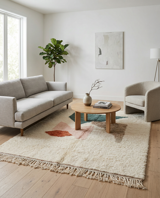 Cream Azilal Moroccan rug with abstract color blocks in a bright modern room with rattan chairs and natural light, by NURA.