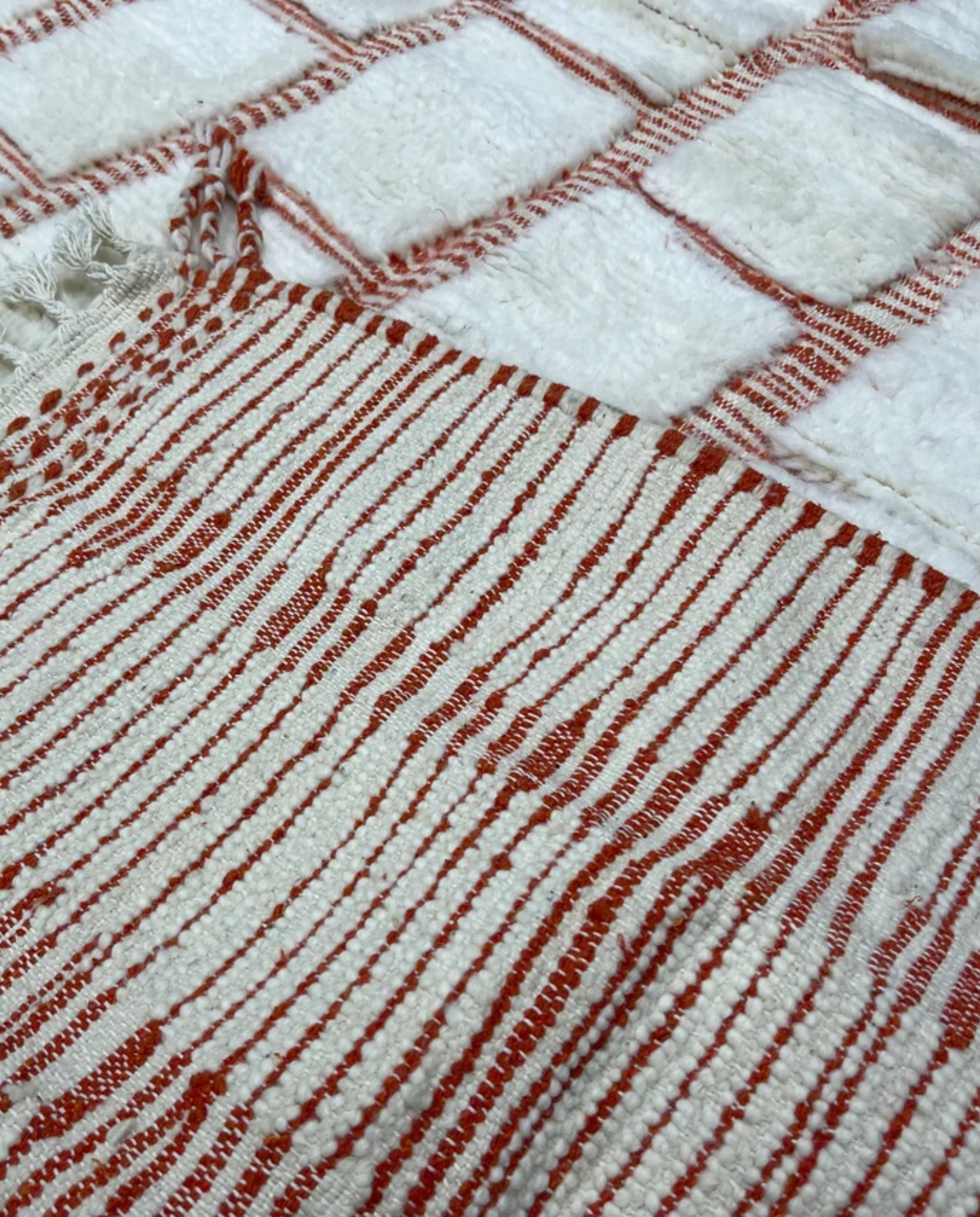 SAKINA Beni Ourain ivory textured checker grid Moroccan rug back view showing traditional handwoven construction, by NURA