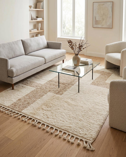 A modern cream and camel geometric Moroccan rug by NURA styled in a bright, contemporary living room with minimalist decor.