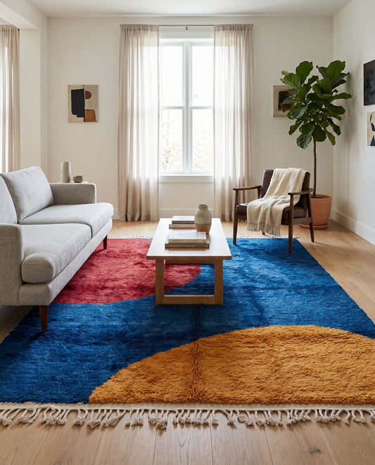A vibrant cobalt, crimson, and ochre Moroccan rug by NURA anchors a modern living room with a grey sofa and warm wood floors.
