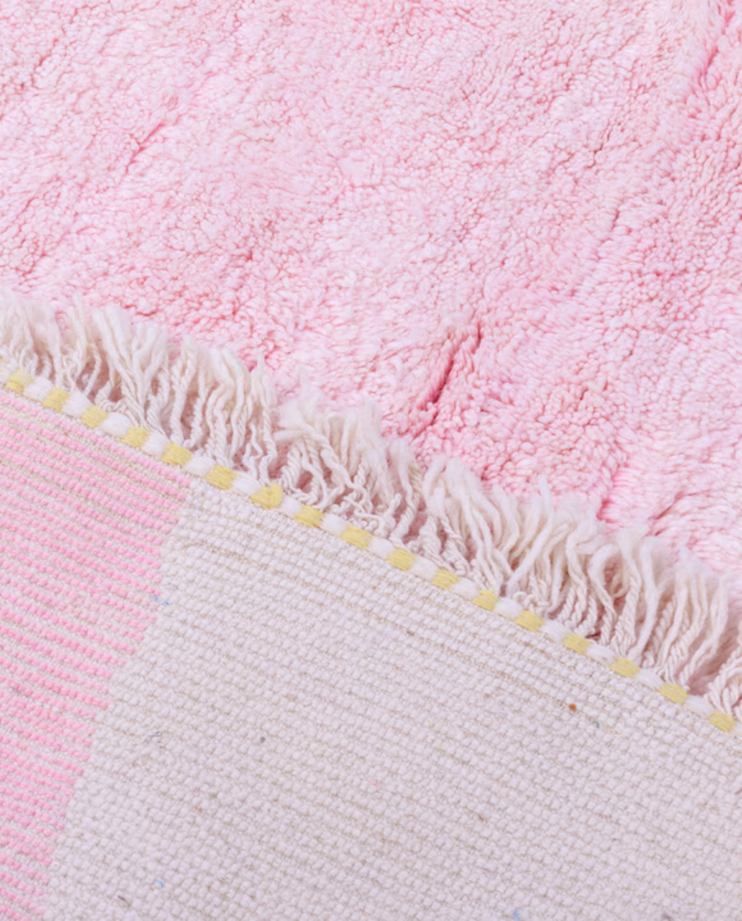 SILYA Azilal pink abstract color block Moroccan rug back view showing traditional handwoven construction, by NURA