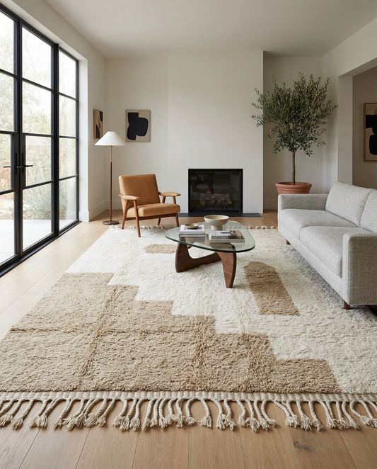 Cream Beni Ourain Moroccan rug with abstract camel blocks in a bright modern room with a blue cabinet and green plant, by NURA.