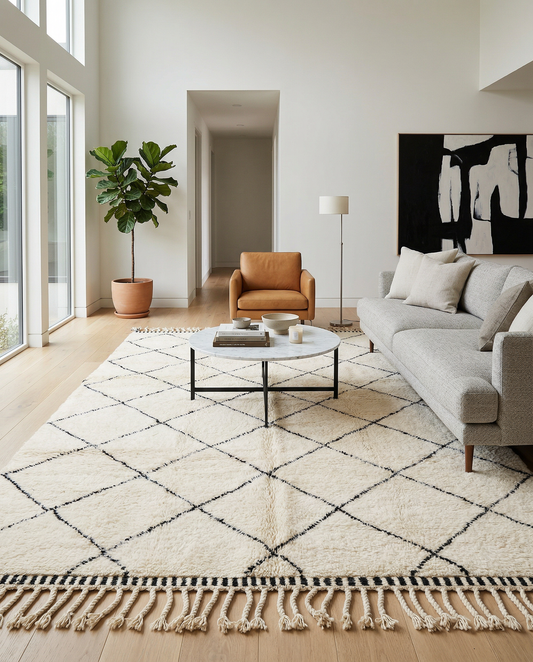 Cream Beni Ourain Moroccan rug with a large black diamond lattice in a bright styled space with a potted palm, by NURA.