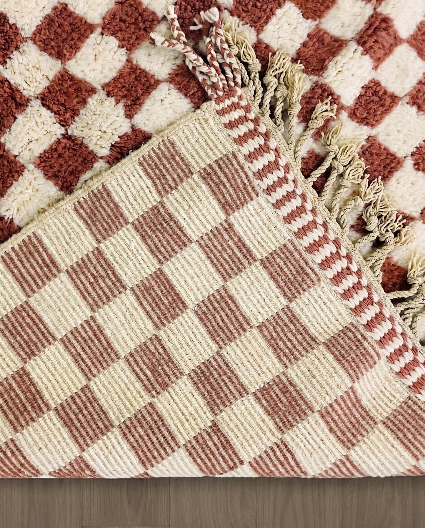 ZAHIA Beni Ourain terracotta checker grid Moroccan rug back view showing traditional handwoven construction, by NURA