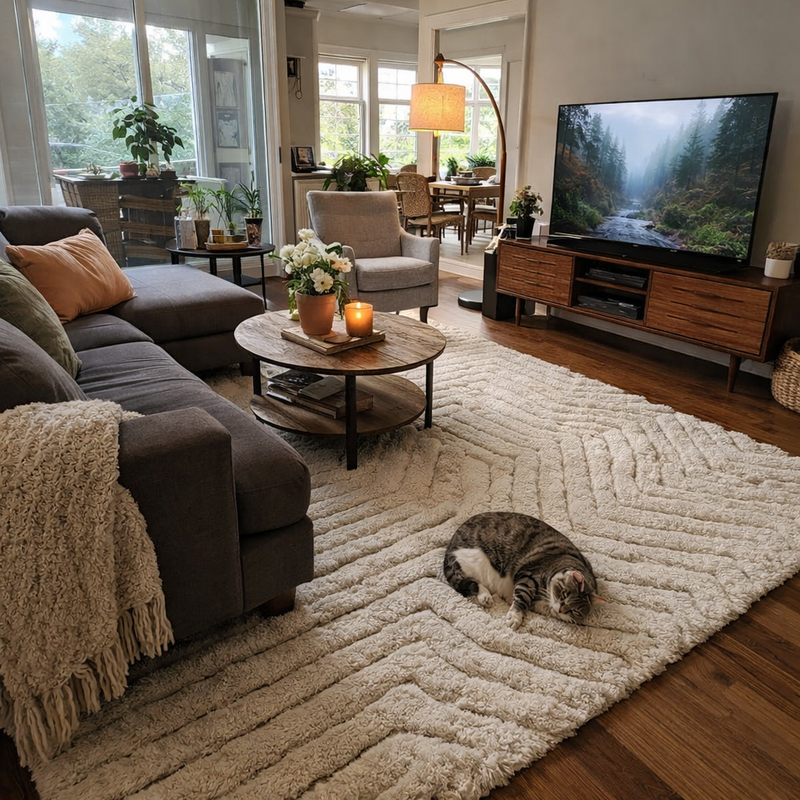 Cream Moroccan wool rug with raised geometric texture styled in a cozy living room with a sectional sofa, round coffee table, indoor plants, and a cat resting on the rug.