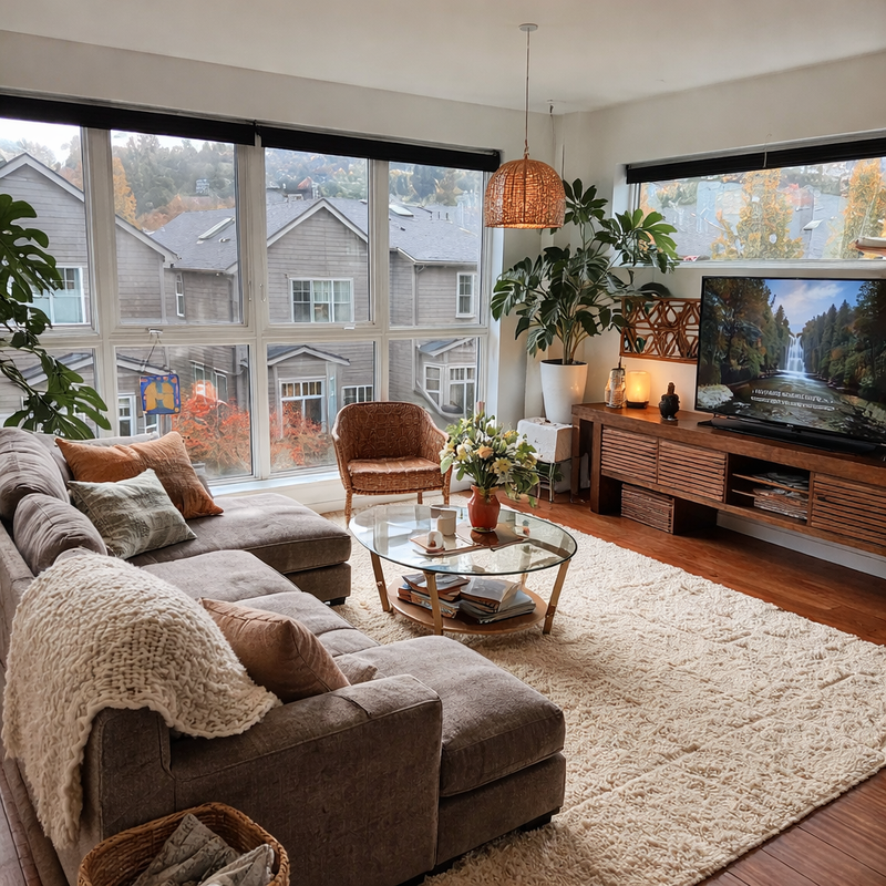 Cream Moroccan wool rug styled in a sunlit living room with a sectional sofa, glass coffee table, indoor plants, and warm wooden floors.