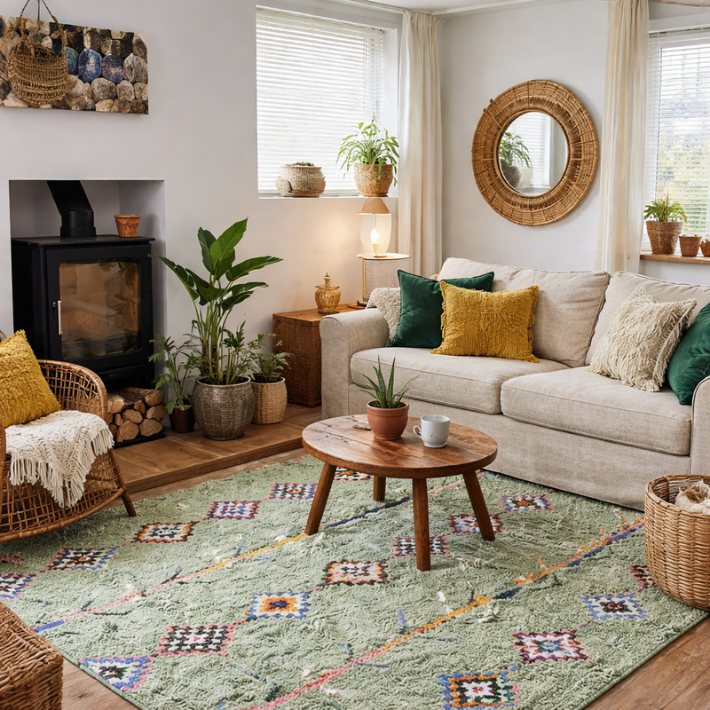 Green Moroccan wool rug with colorful geometric motifs styled in a cozy bohemian living room with natural wood, plants, woven decor, and a cream sofa.