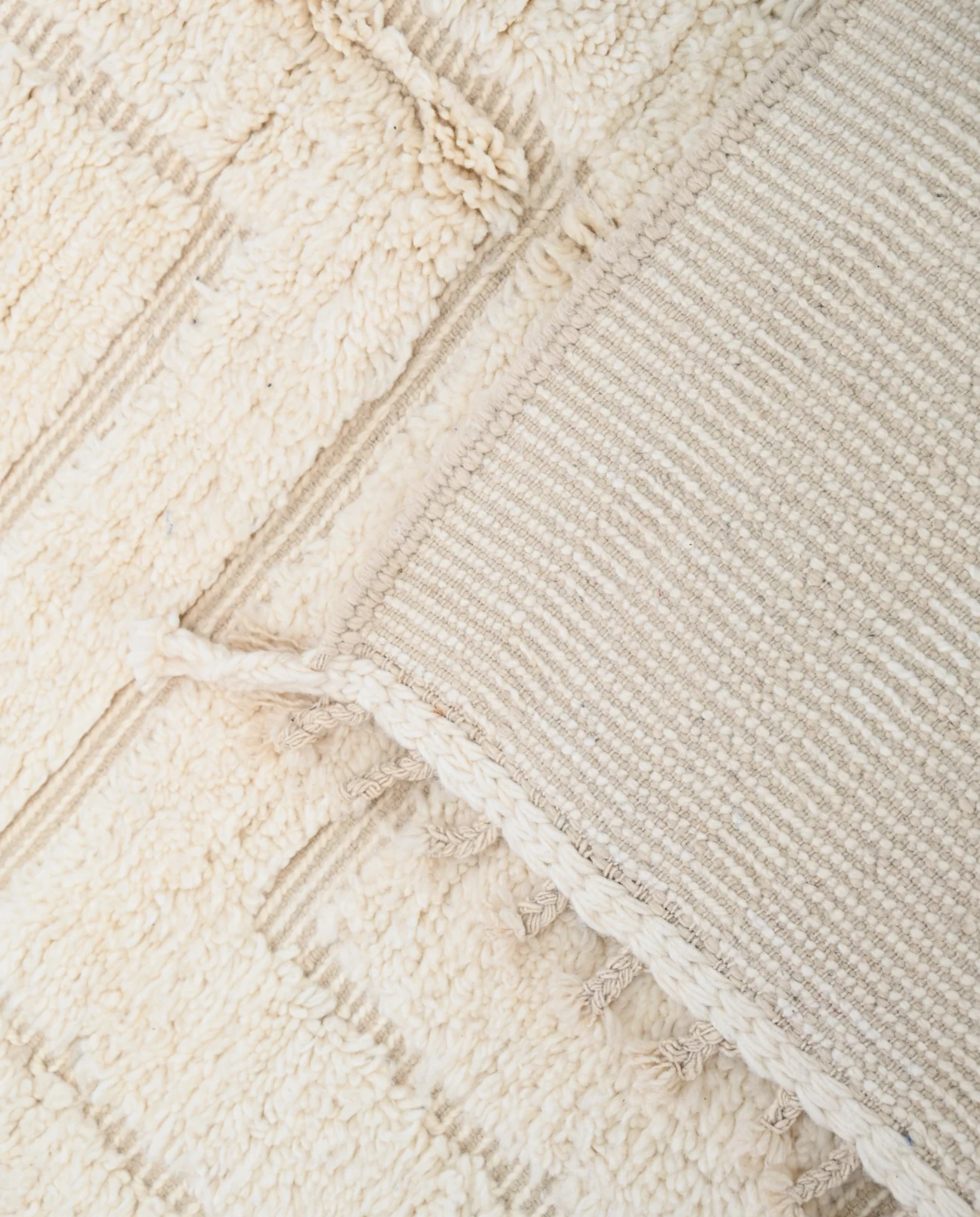ABLA Beni Ourain cream geometric maze Moroccan rug back view showing traditional handwoven construction, by NURA
