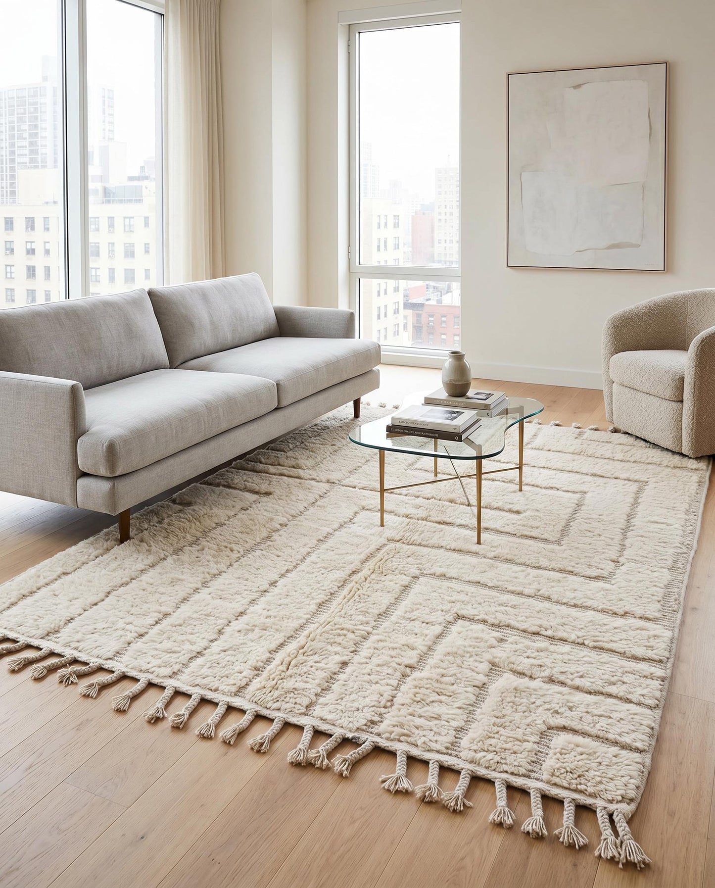 A textured cream Moroccan rug with a raised geometric maze pattern styles a modern living room with minimalist decor by NURA.