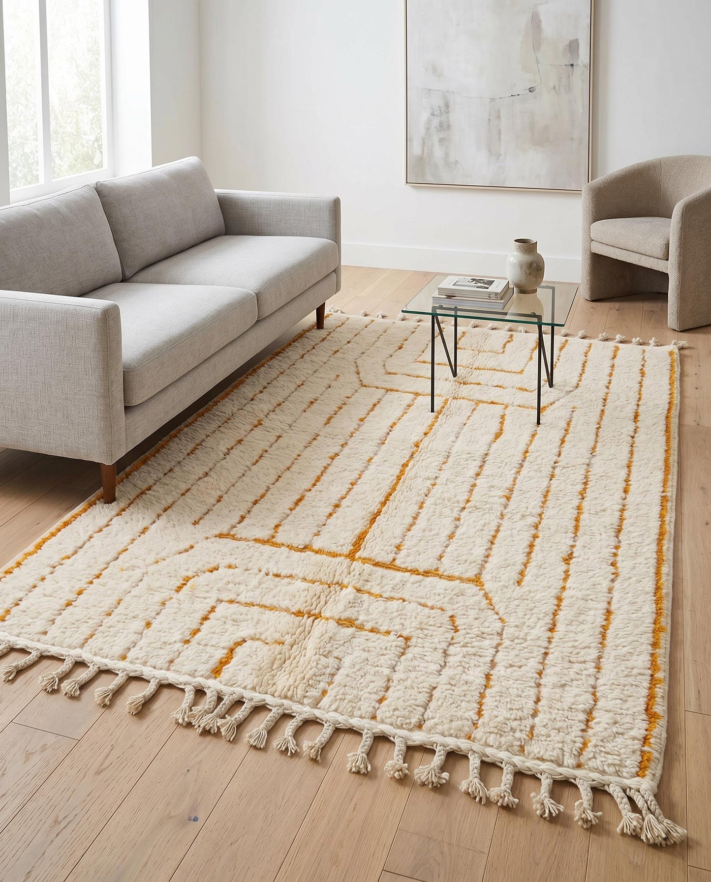 A minimalist cream and saffron Moroccan rug by NURA styled in a bright, contemporary living room with warm wood furniture.