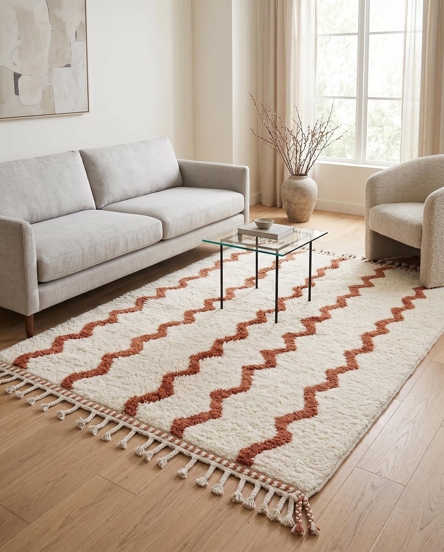 A plush cream Moroccan rug with wavy terracotta lines styled in a warm, modern living room setting, by NURA.