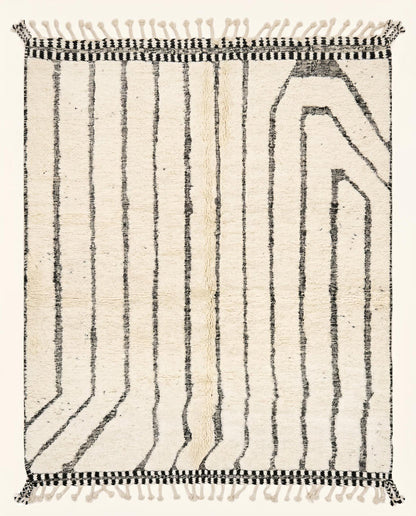 Plush cream Moroccan Beni Ourain rug featuring thin black vertical lines and an asymmetrical geometric arch by NURA.