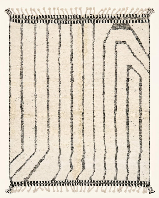Plush cream Moroccan Beni Ourain rug featuring thin black vertical lines and an asymmetrical geometric arch by NURA.