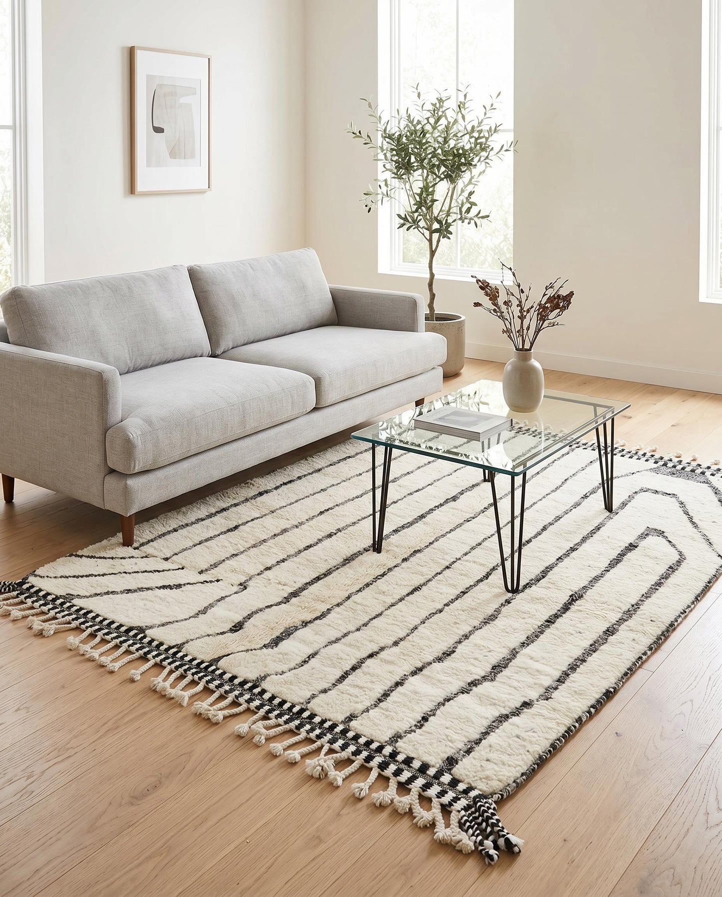 A plush cream and black abstract Moroccan rug by NURA styled in a modern living room with a woven leather chair.