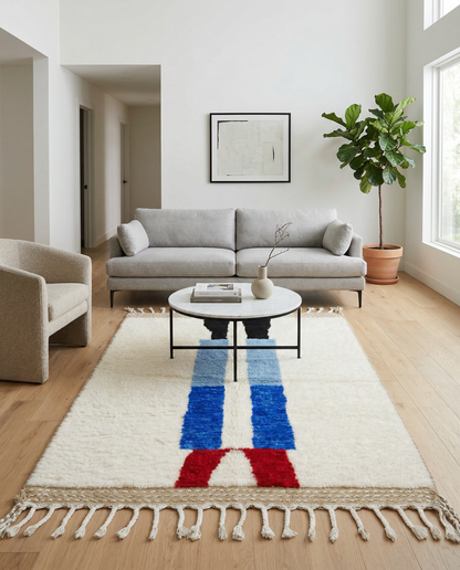 Bold abstract color block Moroccan rug in ivory, cobalt, and red on a wooden floor, by NURA.