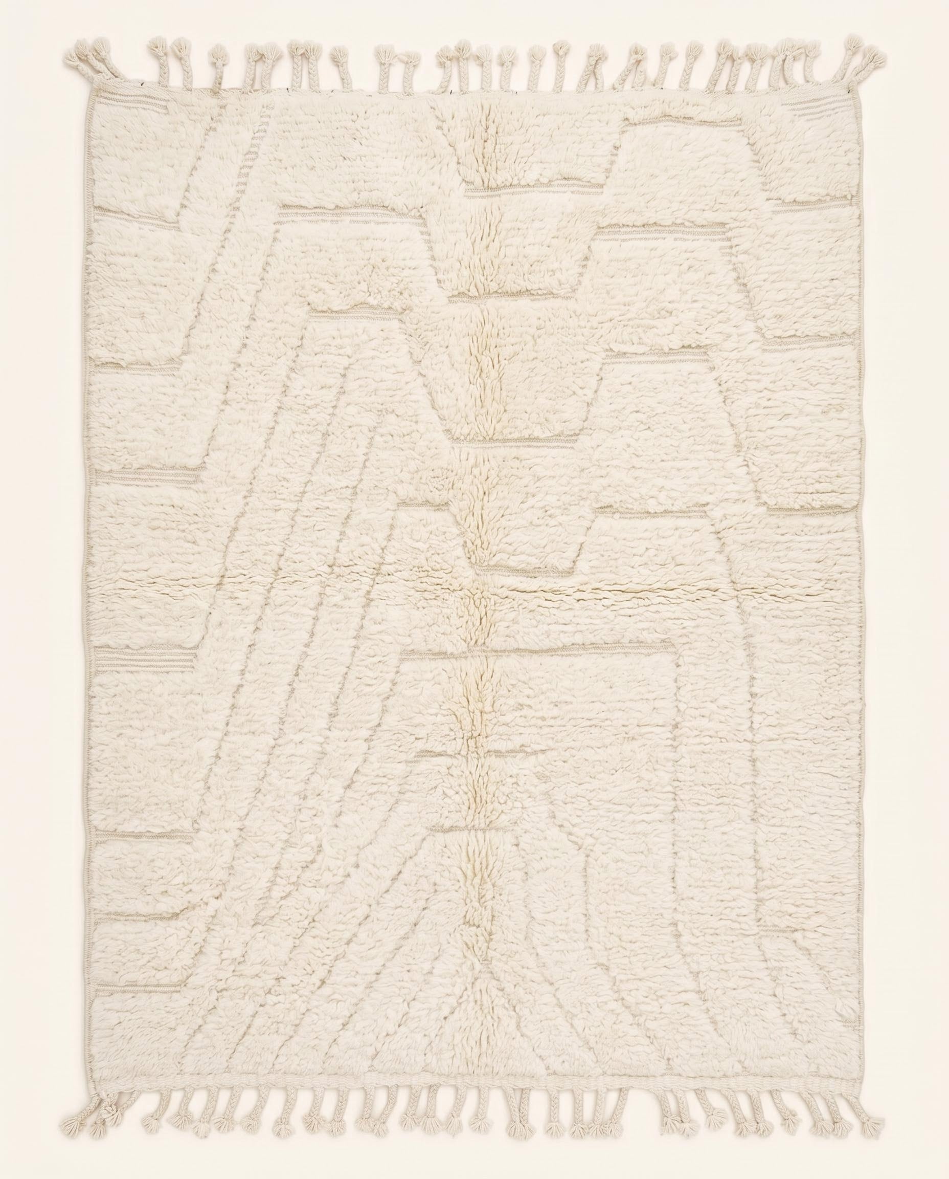 A plush cream Beni Ourain Moroccan rug featuring a subtle carved geometric design in a tonal monochromatic palette by NURA.