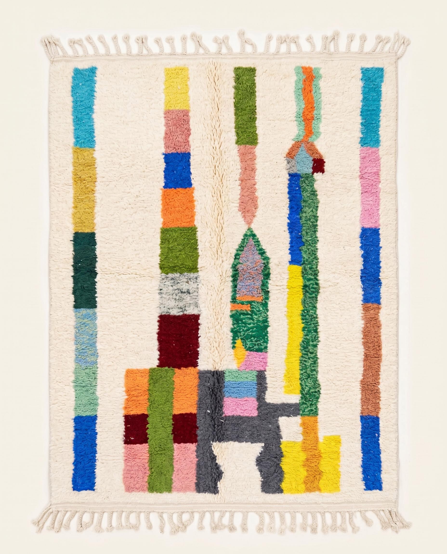 Vibrant Azilal Moroccan rug featuring playful abstract color blocks on a plush cream wool pile, handmade by NURA.