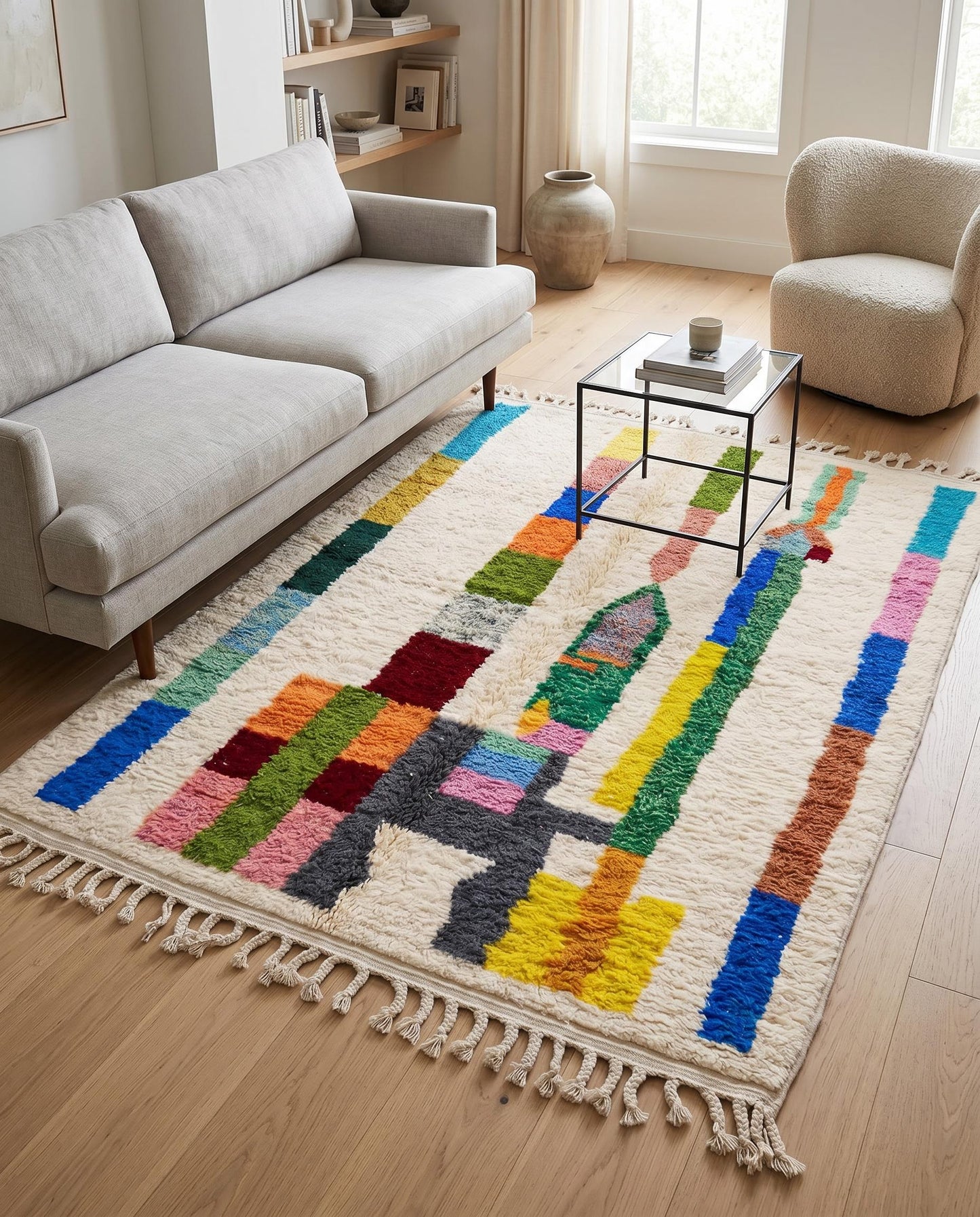 Vibrant abstract Azilal Moroccan rug styled in a bright, modern living room with natural light and cozy decor by NURA.