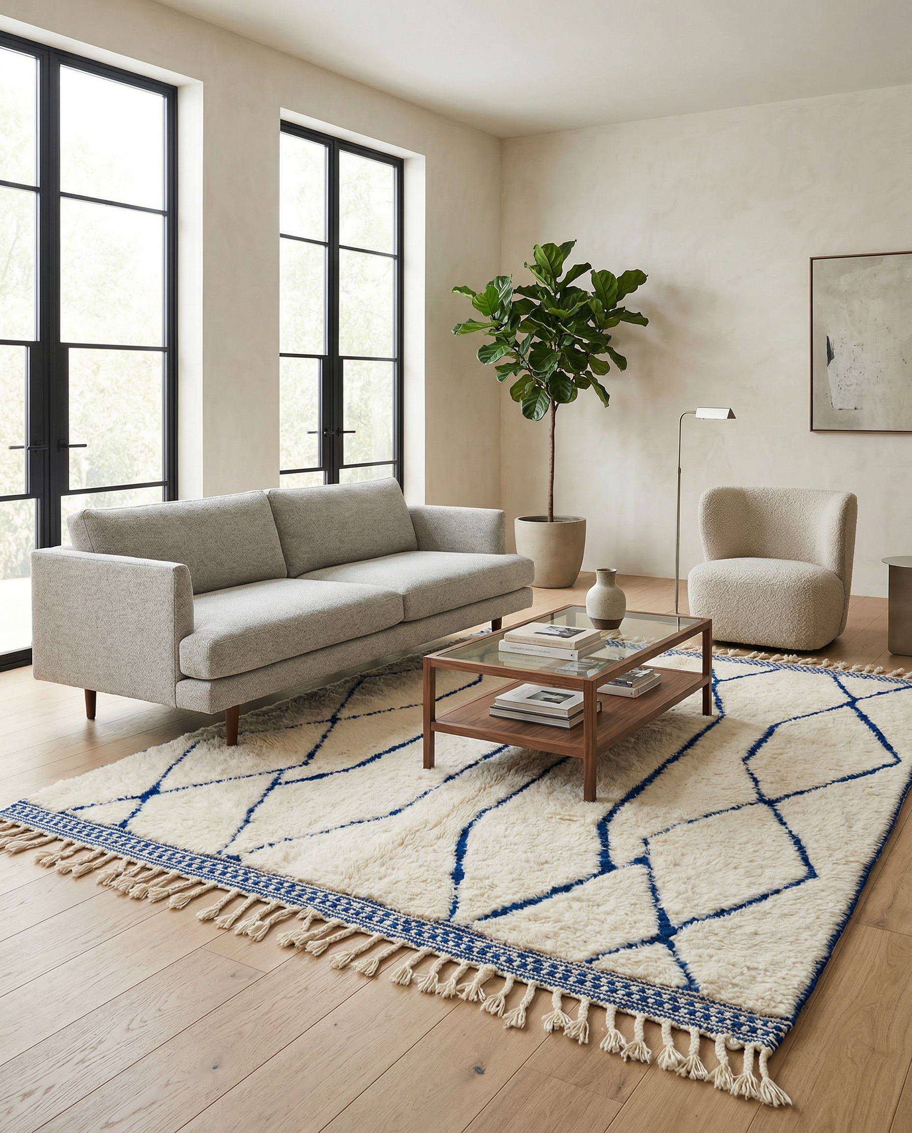 Cream Beni Ourain rug with a cobalt blue diamond lattice in a modern setting with a white geometric side table, by NURA.