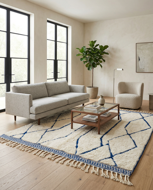 Cream Beni Ourain rug with a cobalt blue diamond lattice in a modern setting with a white geometric side table, by NURA.