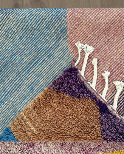 AMNA Azilal cobalt abstract color block Moroccan rug back view showing traditional handwoven construction, by NURA