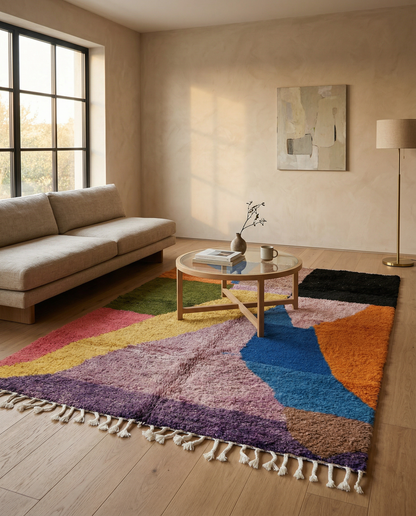 Bold abstract color block Moroccan rug draped elegantly in a bright modern space with a green potted plant, by NURA.