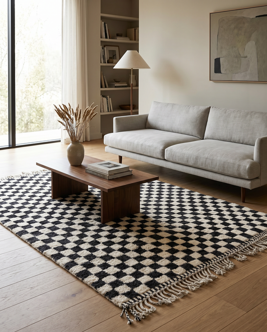 Plush black and cream checkerboard Beni Ourain Moroccan rug styled in a modern neutral living room with a grey sofa, by NURA.