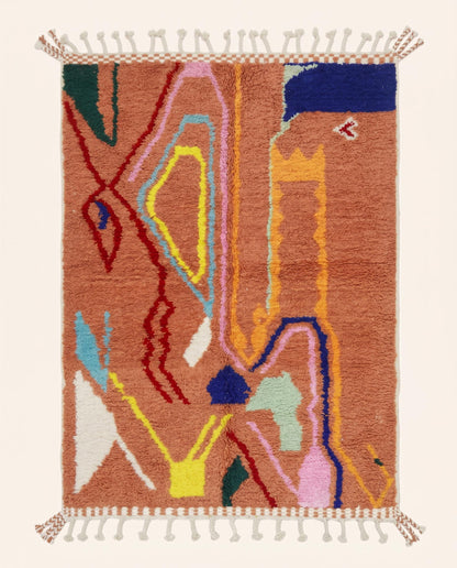 Vibrant Boujad Moroccan rug featuring an organic abstract design with colorful painterly lines on a terracotta wool pile by NURA.