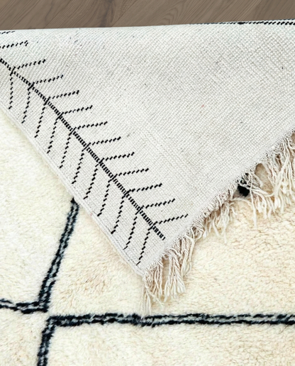ASMA Beni Ourain cream central double diamond Moroccan rug back view showing traditional handwoven construction, by NURA