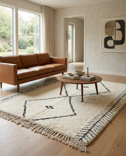 Cream Beni Ourain Moroccan rug with a black double diamond pattern draped in a bright modern space, by NURA.